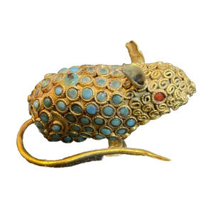 Tibetan Coral & Turquoise Jeweled Gilt Brass Rat Mouse Vintage Decor